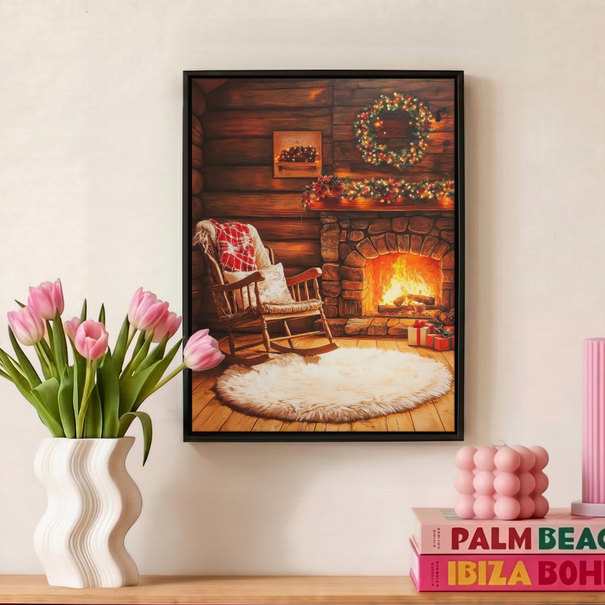 LEINWAND Bilder mit Rahmen - Winter - Weihnachten - Zuhause - Kamin - 30x40 - Bernsteinfarben, Textil (30/40cm) - MuchoWow