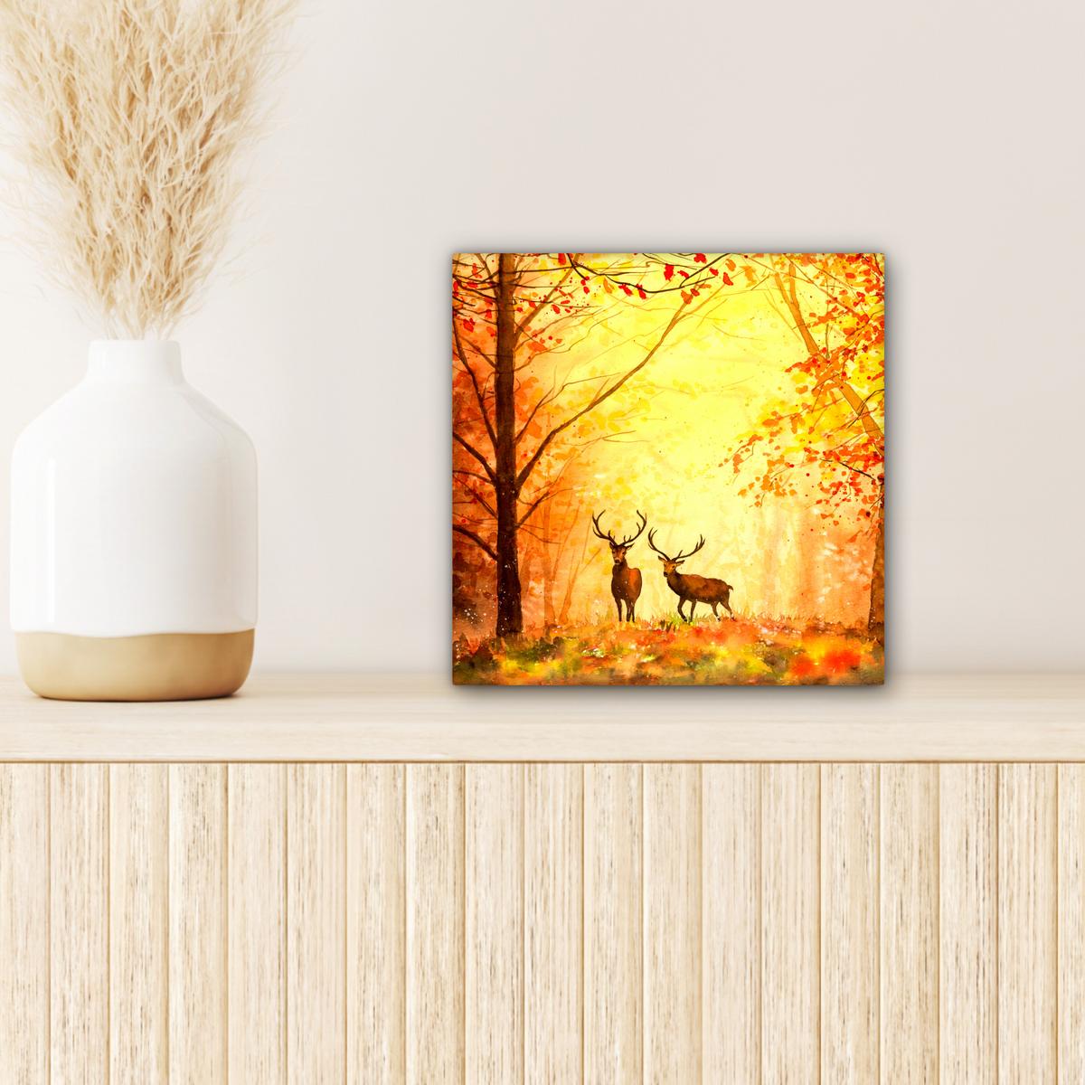 LEINWANDBILD Natur - Ölfarbe - Hirsche - Tiere - Herbst - Orange Deko Wohnzimmer 20x20 cm - Orange, Textil (20/20cm) - MuchoWow