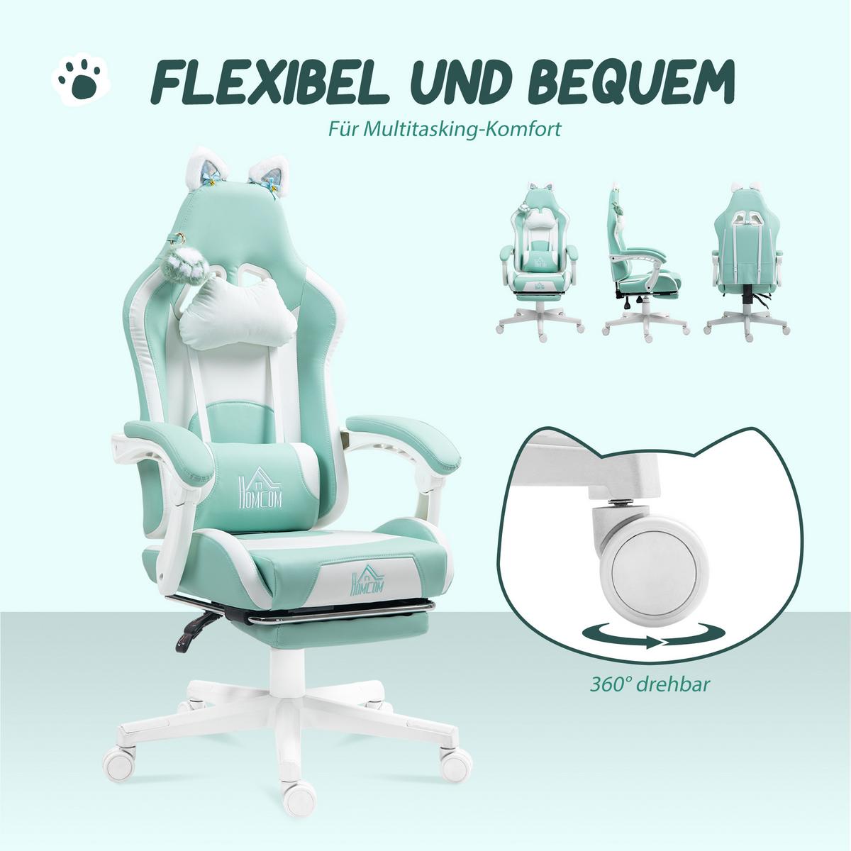 GAMING-STUHL Kunstleder Hellblau - Weiß/Hellblau, Textil (62/124/65cm) - HOMCOM