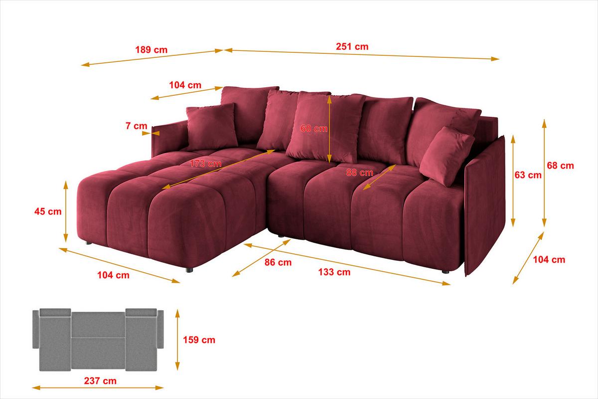 ECKSOFA Ottomane links LONLI-L 251x189x68 Bordeaux Velours - Bordeaux, Holzwerkstoff/Kunststoff (251/189cm) - ALTDECOR