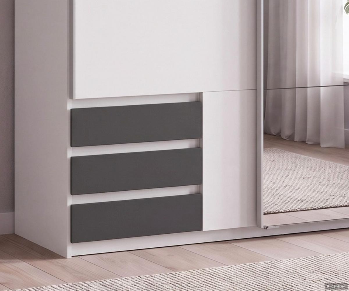 SCHWEBETÜRENSCHRANK 2-türig B135/H198/T65 cm, Kleiderschrank in Weiß, 1x Tür & sichtbare Schubkästen in Grafit mit Spiegel / 22675 - Graphitfarben/Alufarben, Holz/Holzwerkstoff (135/198/65cm) - luma-home