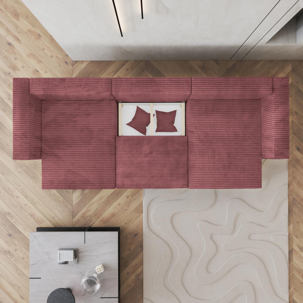 WOHNLANDSCHAFT SARMO Rosa Kordstoff mit Schlaffunktion - Rosa/Grau, Holz/Kunststoff (347/90/148cm) - MASSENO