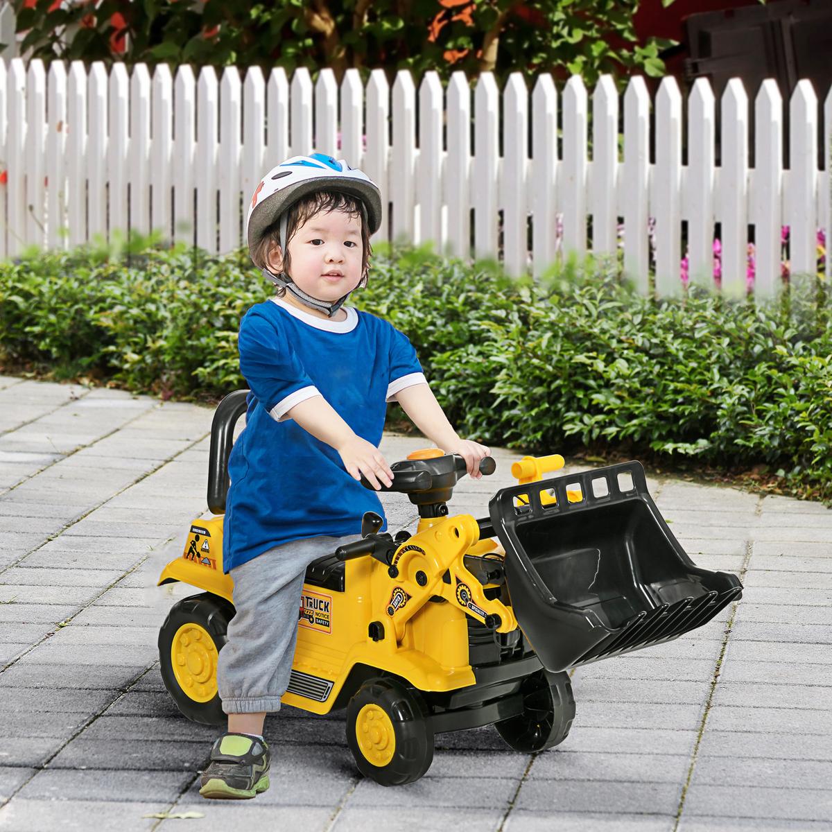 SITZBAGGER mit eingebautem Ablagefach Kinder Rutschauto traktor mit Hupe - Gelb, Kunststoff (26.5/39/80cm) - HOMCOM