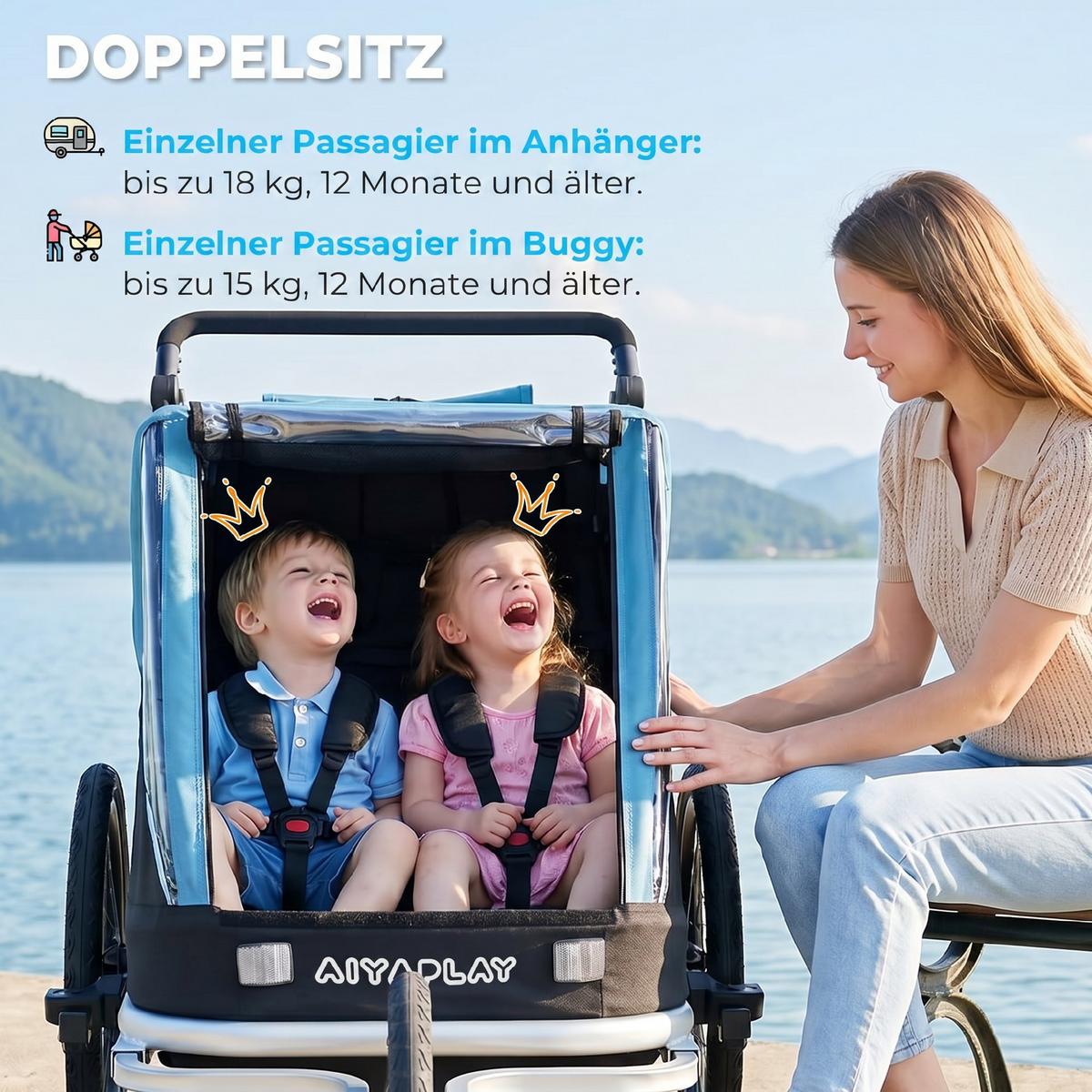 KINDERFAHRRADANHÄNGER Stahl Oxford Gewebe Blau - Blau, Metall (82/102/155cm) - AIYAPLAY