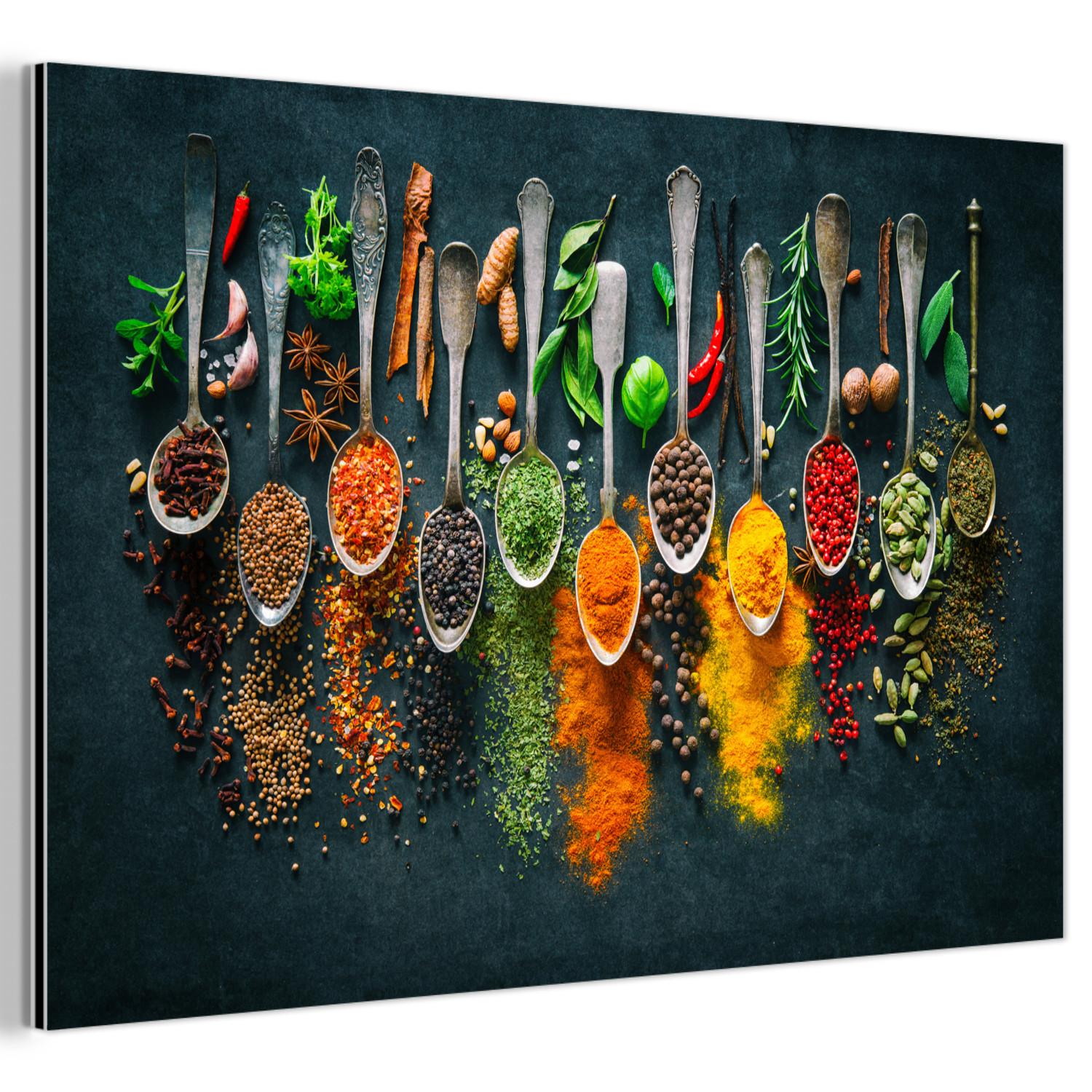METALLBILD Kräuter - Gewürze - Löffel Deko Groß 120x80 cm - Currygelb, Metall (120/80cm) - MuchoWow