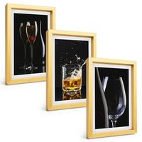 BILDER SET 3er Set - 20x30 cm Goldrahmen - Weingläser und Whiskygläser auf schwarzem Hintergrund - Goldfarben, Kunststoff (20/30cm) - TULUP