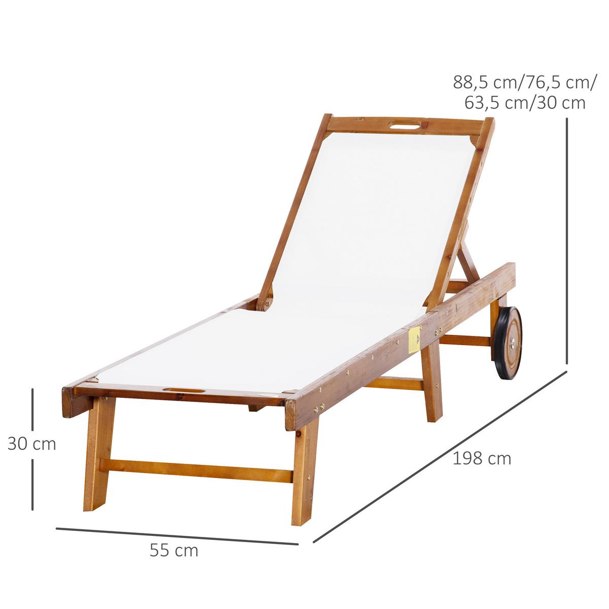 SONNENLIEGE Relaxliege Gartenliege verstellbar Holz Textil Natur+Weiß - Weiß, Holz (55/88.5/198cm) - Outsunny