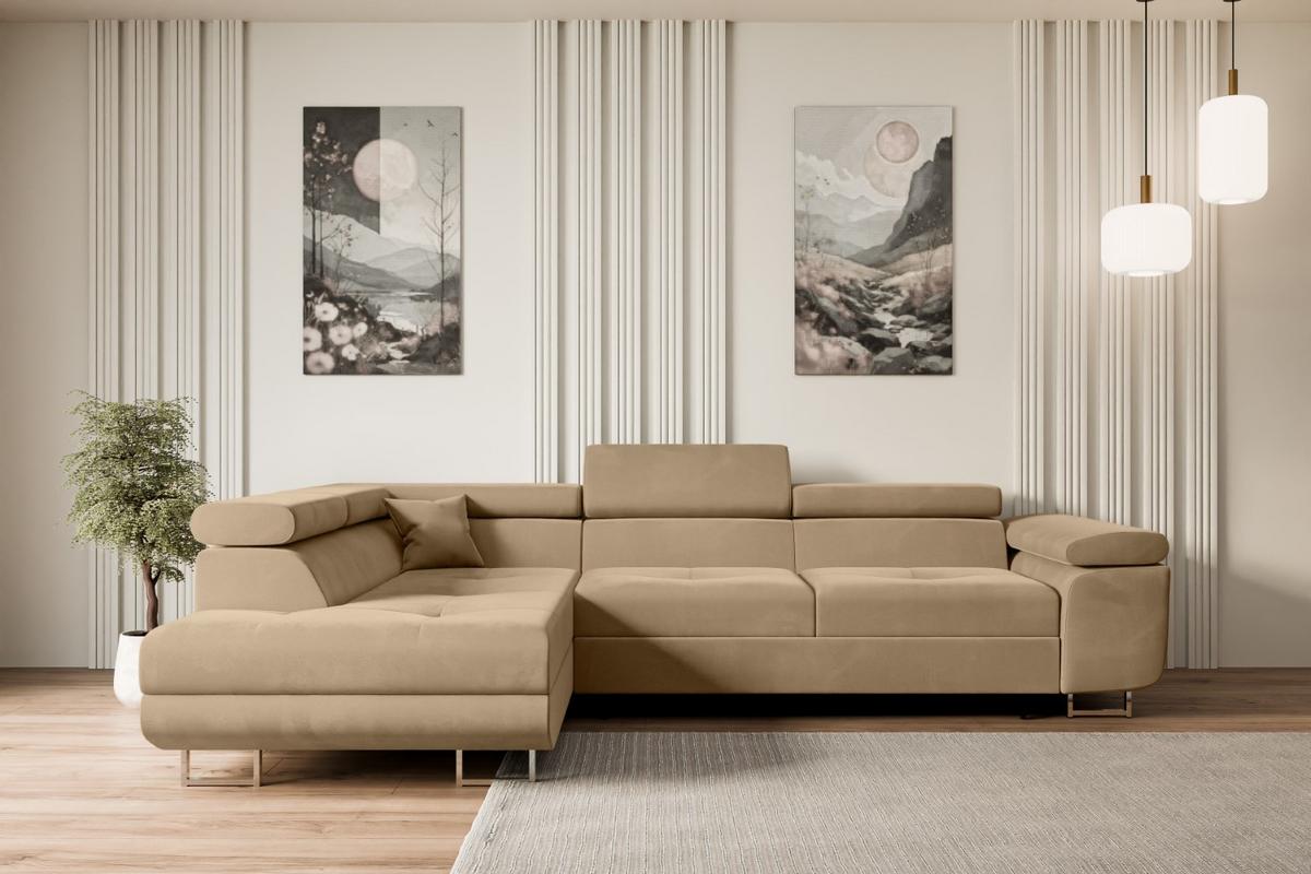 ECKSOFA mit Schlaffunktion und Bettkasten GUSA-L 272x202x107 cm Beige Velours - Beige/Silberfarben, Holzwerkstoff/Textil (202/272cm) - ALTDECOR
