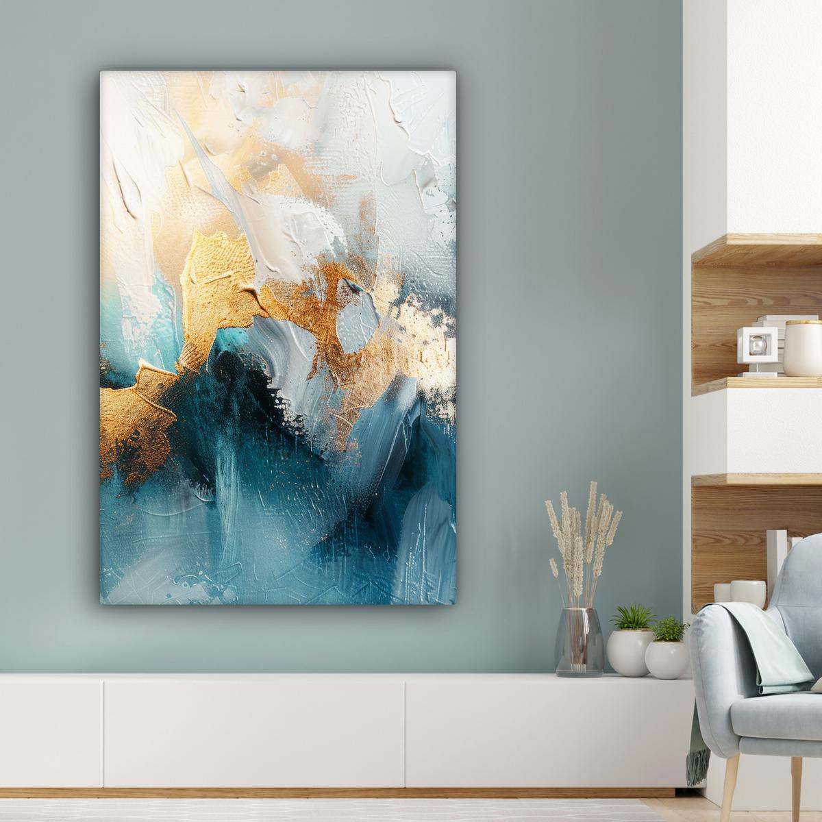 LEINWANDBILD Abstrakt - Kunst - Gold - Blau Deko XXL 80x120 cm - Petrol, Textil (80/120cm) - MuchoWow