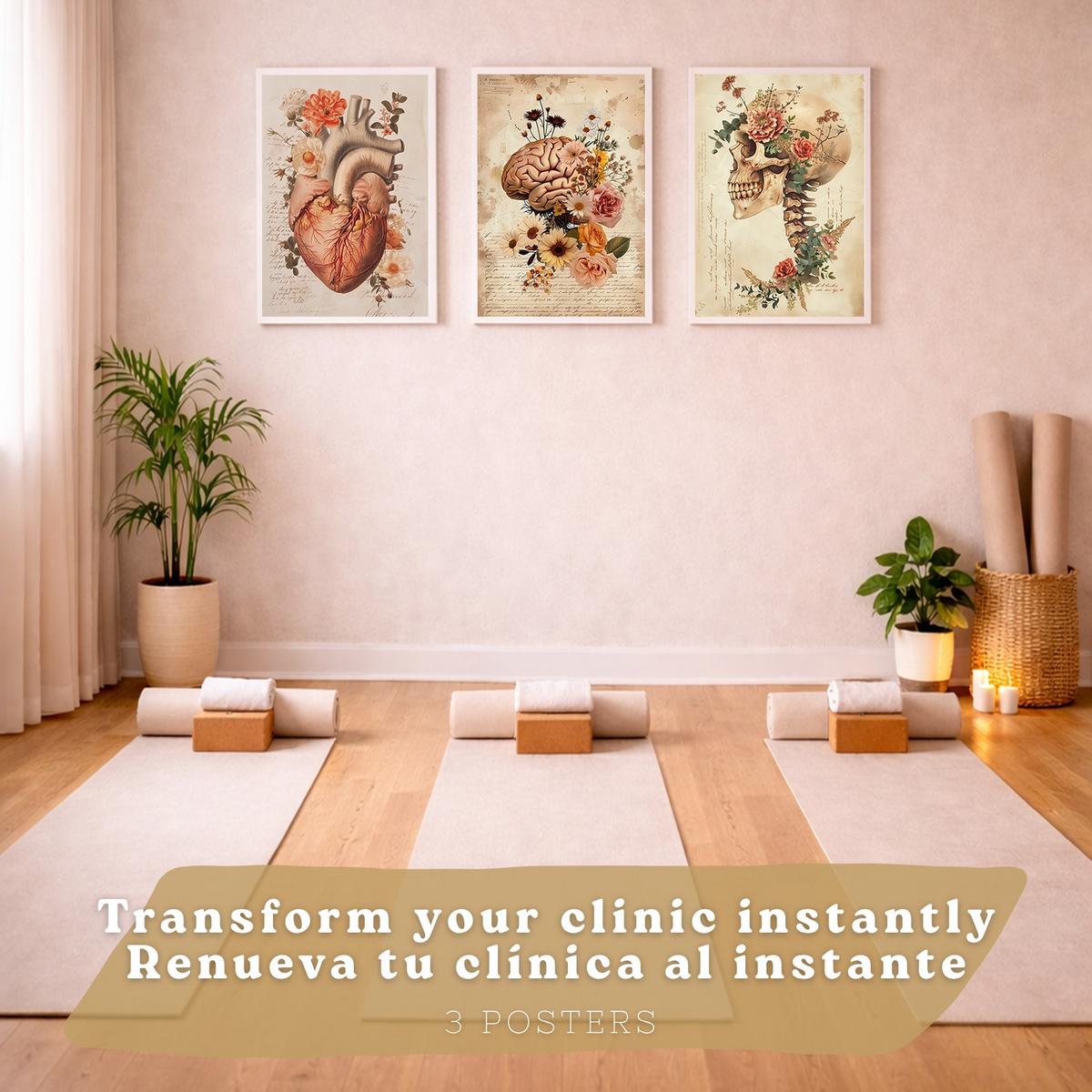 POSTER Set aus 3 Anatomie Mensch Drucke und Wandbilder mit Herz Gehirn und Schädel Vintage Floraler Stil Wanddekoration Größe Weißer Rahmen A4 - Weiß, Papier (21/29.7/3cm) - Nacnic