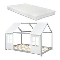 HAUSBETT Tostedt mit Matratze - Weiß/Grau, Holz/Textil (140/200cm) - [en.casa]
