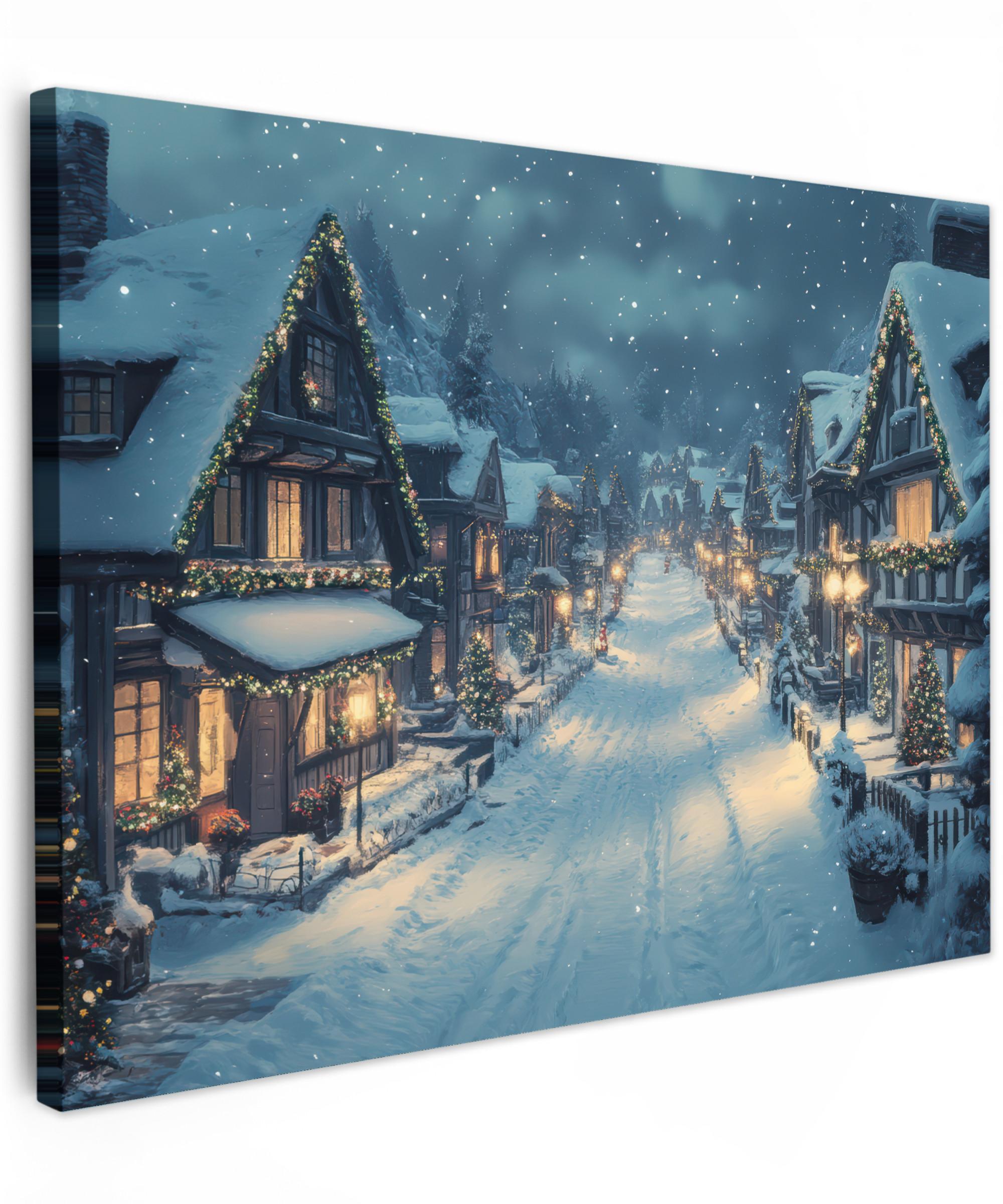 LEINWANDBILD Weihnachtsdorf - Weihnachten - Schnee - Winter Wandbilder 80x60 cm - Dunkelblau, Textil (80/60cm) - MuchoWow