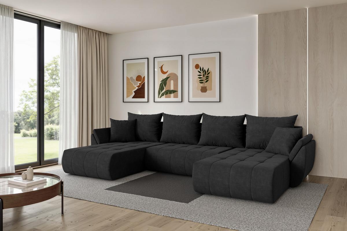WOHNLANDSCHAFT mit Schlaffunktion und Bettkasten TOKO-U 378x194x86 Schwarz Velours - Schwarz, Holzwerkstoff/Kunststoff (378/86/194cm) - ALTDECOR
