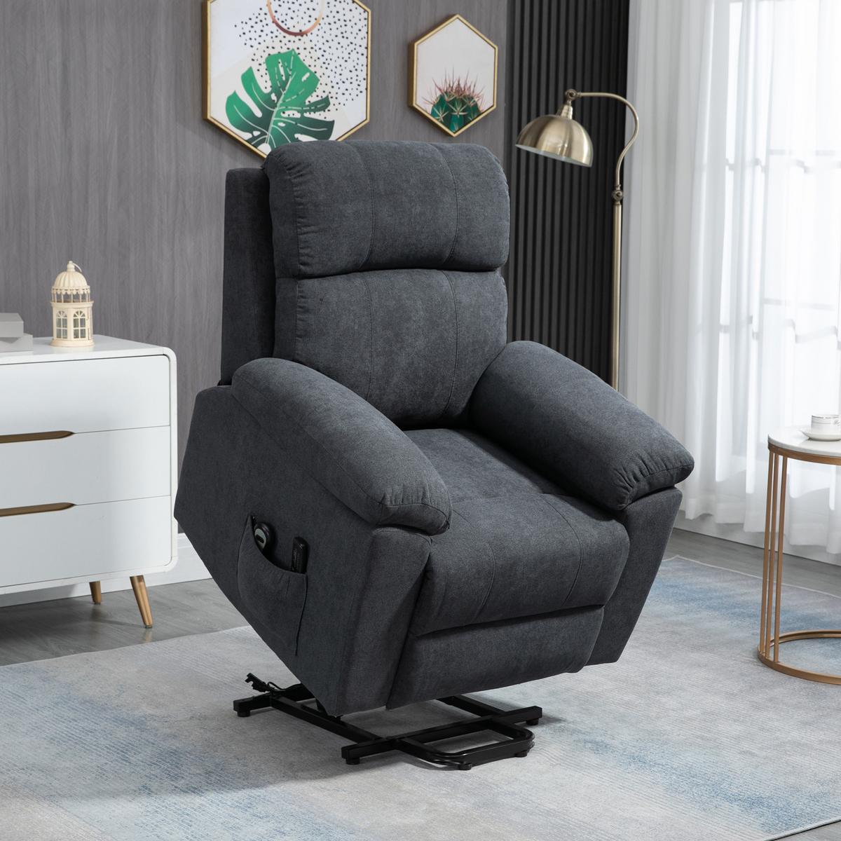 SESSEL mit Aufstehhilfe, Relaxsessel, Massagesessel mit Seitentasche, Leinen - Schwarz/Grau, Textil/Metall (99/103/89cm) - HOMCOM