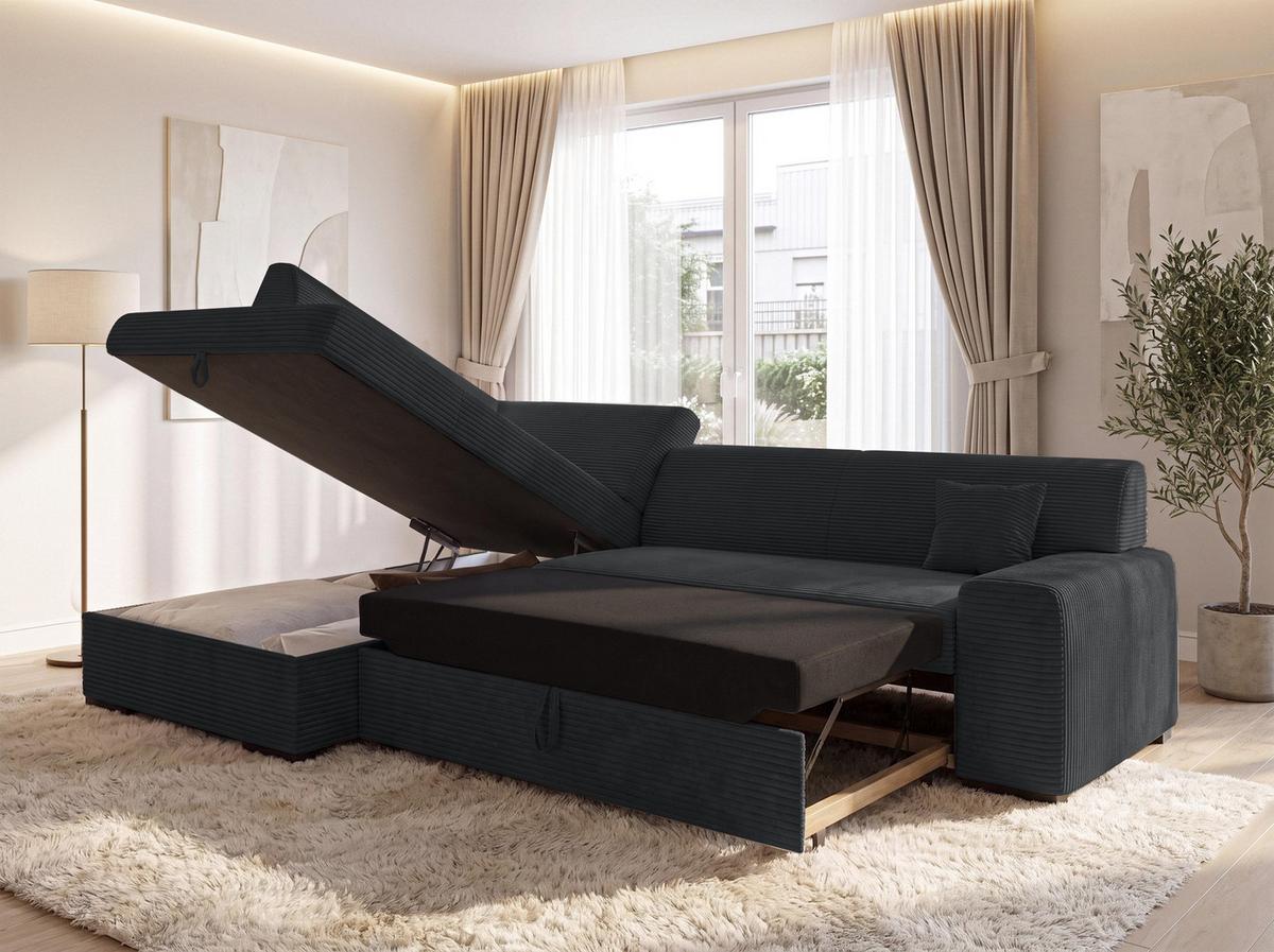ECKSOFA L Form Minosa Schwarz 260/175/71 cm Links mit Schlaffunktion - Schwarz, Kunststoff/Textil (260/175cm) - AX Living