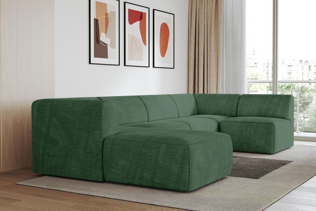 WOHNLANDSCHAFT Ottomane Links MOVO-L 345x180x78 cm Grün Cord - Grün, Holzwerkstoff/Kunststoff (345/78/180cm) - ALTDECOR