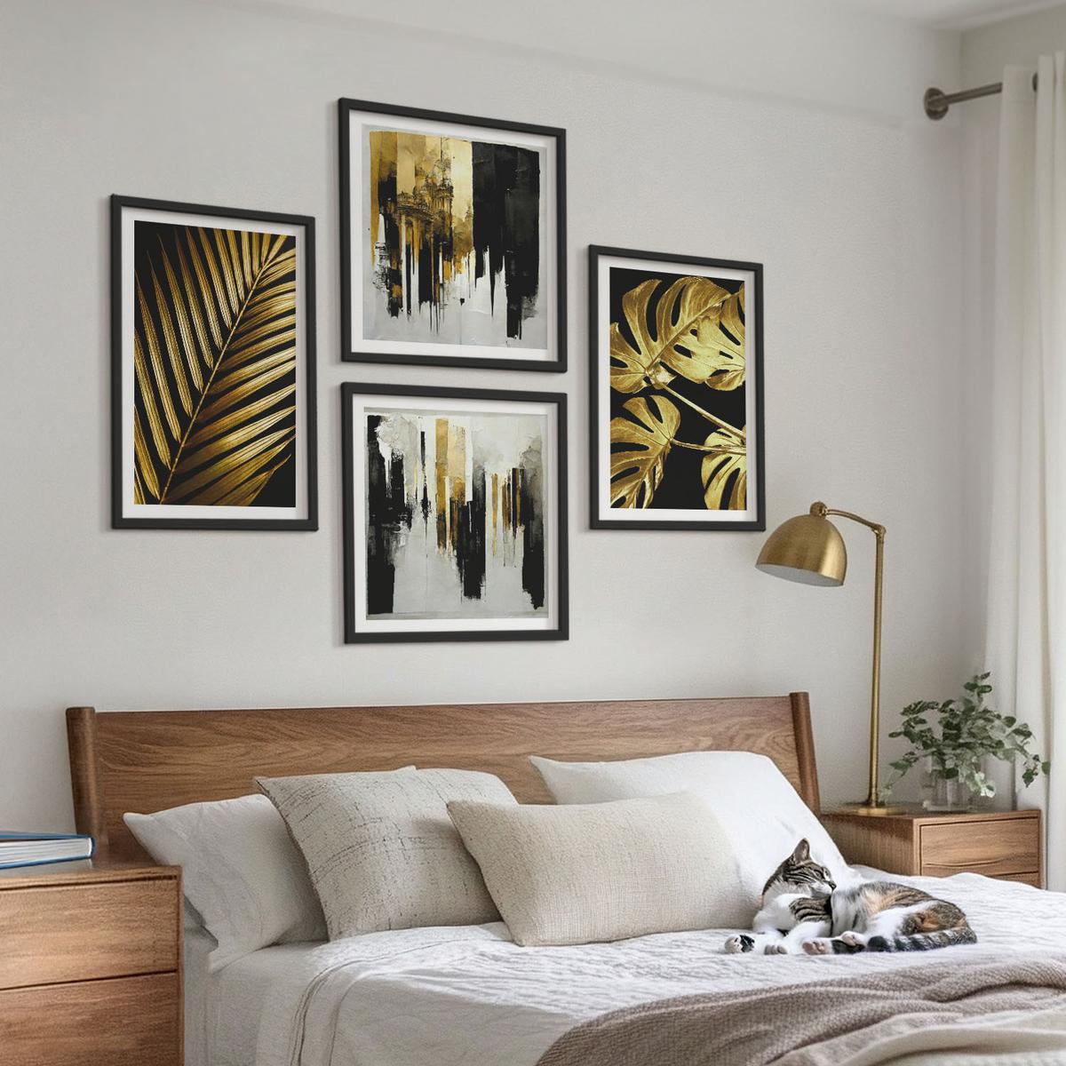 BILDER SET 4er Set - 50x50 cm & 40x60 cm Schwarzer Rahmen - Abstrakte Monstera-Palmenblätter - Schwarz, Kunststoff (50/50cm) - TULUP
