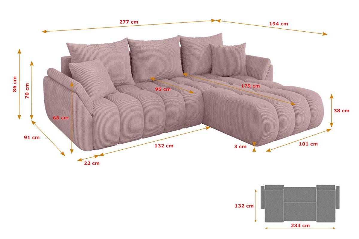 ECKSOFA mit Schlaffunktion Ottomane Rechts TOKO-L-v1 277x194x86 Rosa Cord - Schwarz/Rosa, Holzwerkstoff/Kunststoff (277/194cm) - ALTDECOR