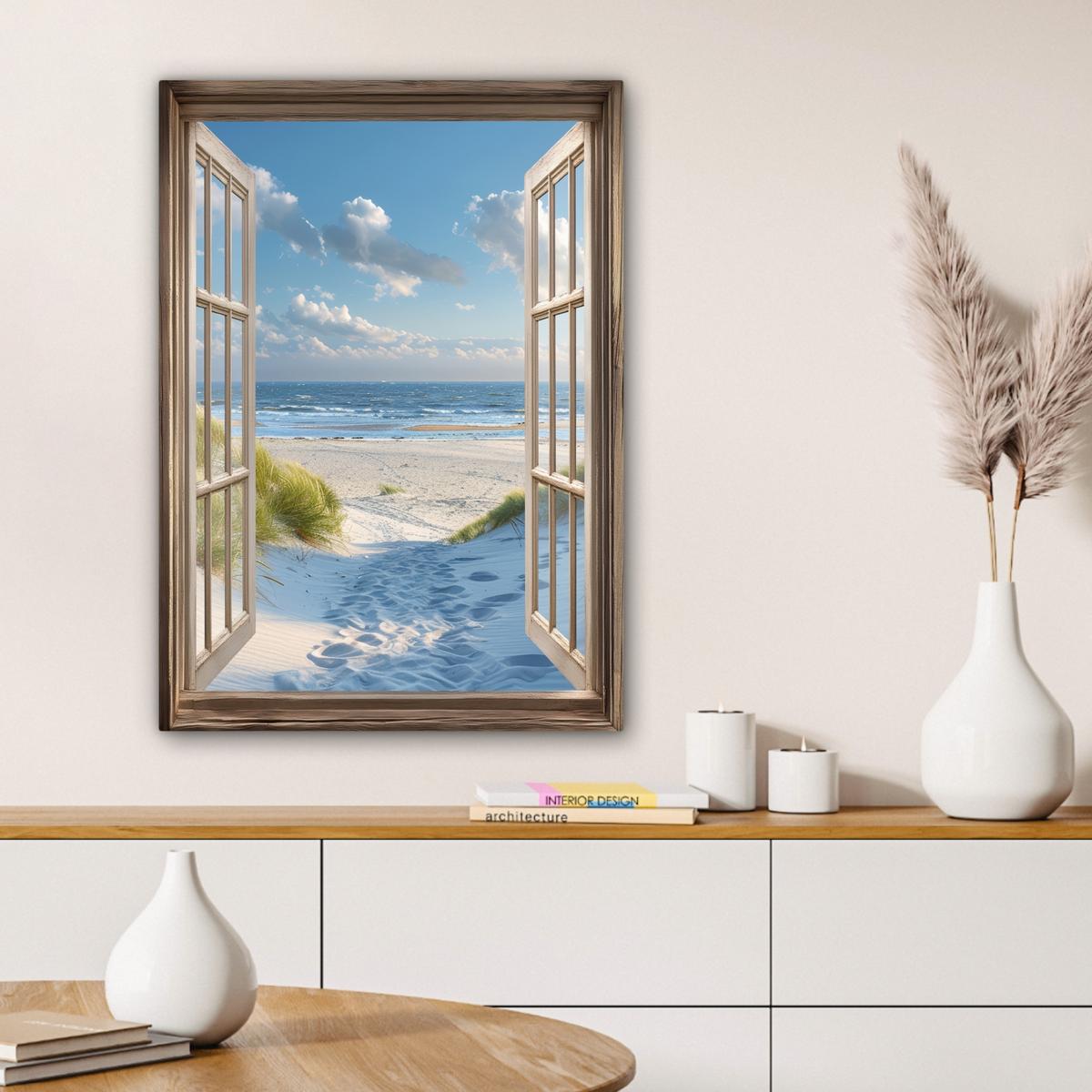 LEINWANDBILD Aussicht - Strand - Fenster - Dünen - Meer Wandbild Wohnzimmer 60x80 cm - Hellblau, Textil (60/80cm) - MuchoWow