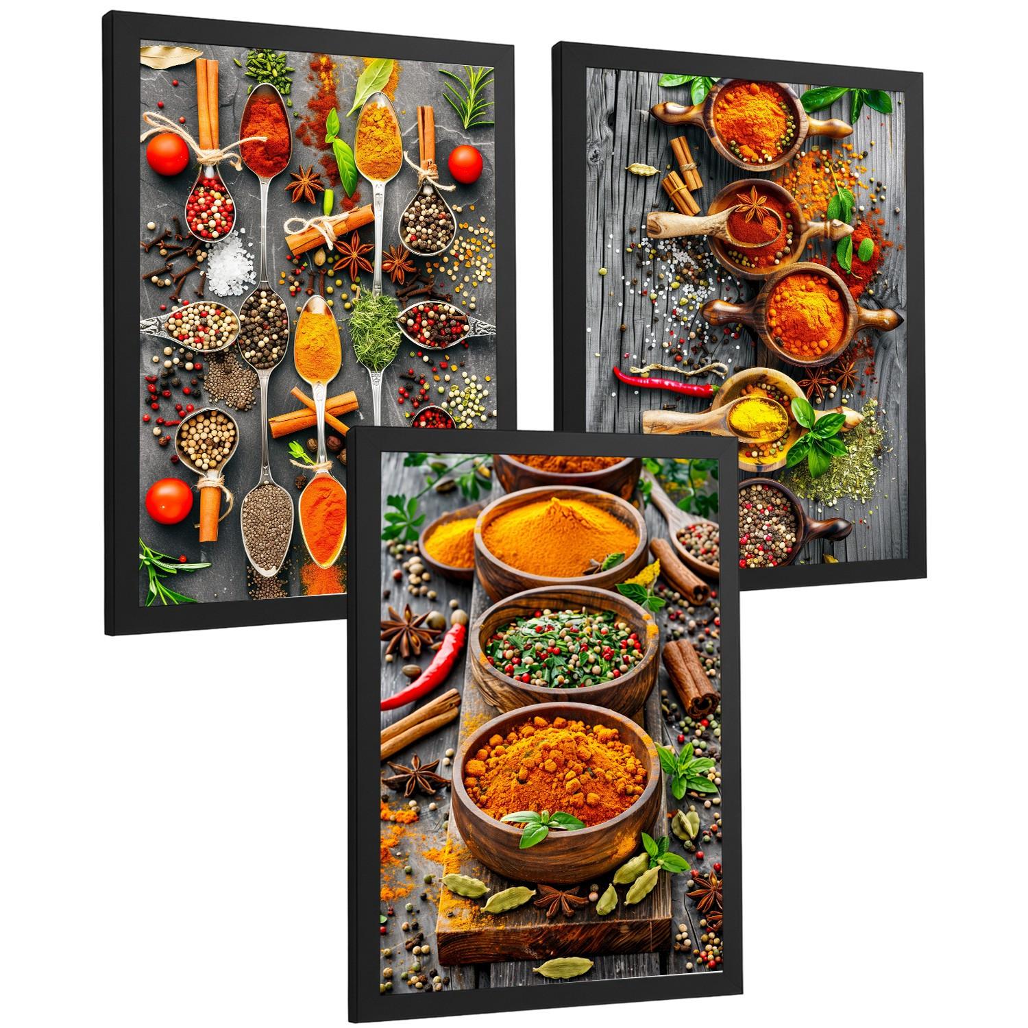 POSTER 3er Set Gewürze und Kräuter Wandbilder Aromatische Zutaten Food Fotografie Küche Esszimmer Deko Schwarzer Rahmen A4 - Schwarz, Papier (29.7/1/21cm) - Nacnic