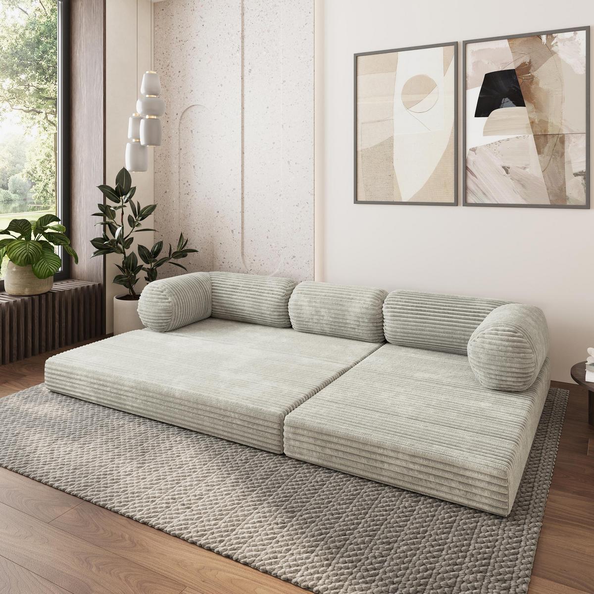 ECKSOFA ETERA modulares Boneless Sofa mit Schlaffunktion Hellgrau Kordstoff - Hellgrau, Textil (270/160cm) - MASSENO