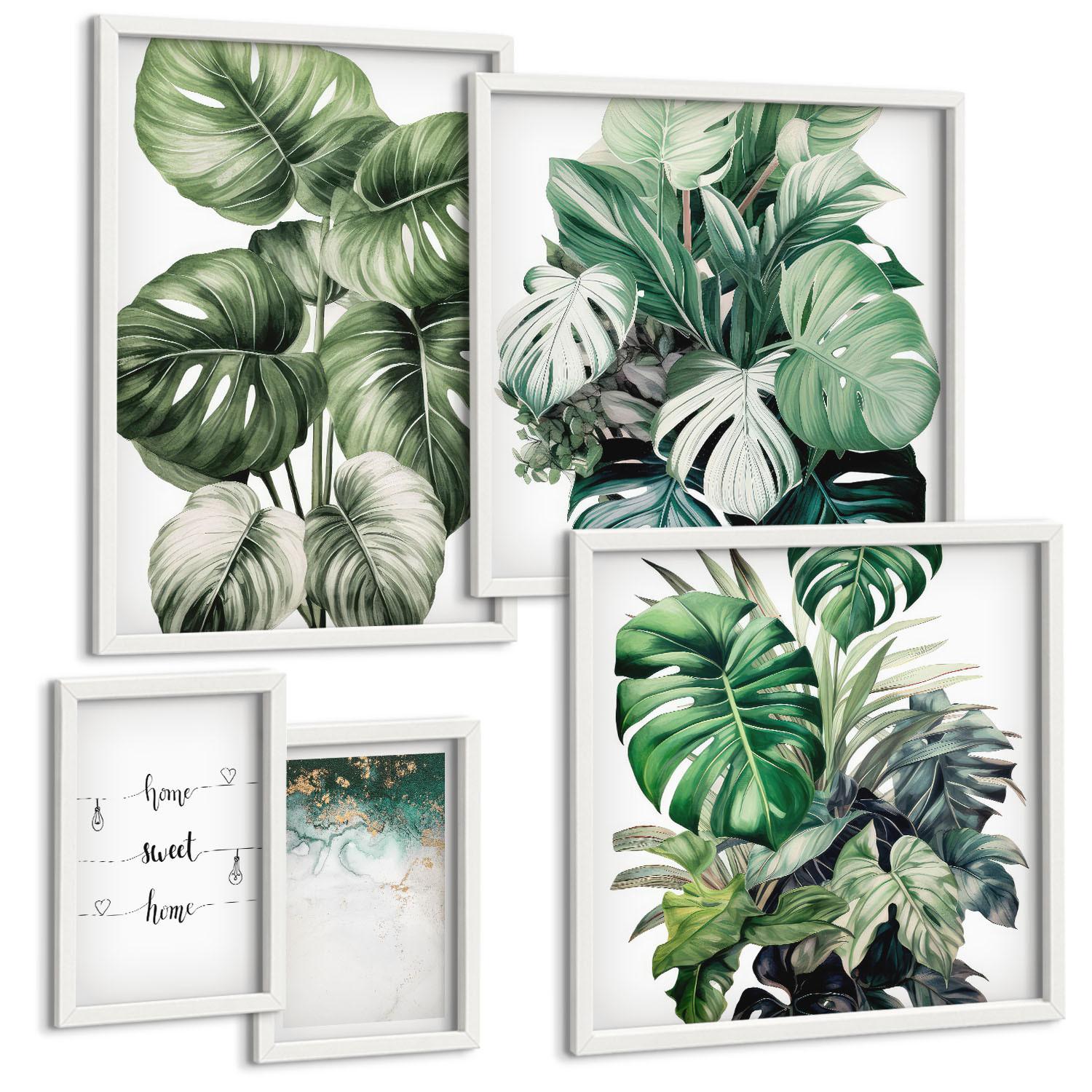 BILDER SET 5er Set - 50x50 cm & 20x30 cm & 40x60 cm Weißer Rahmen - Aquarell-Monstera-Blätter - Weiß, Kunststoff (40/60cm) - TULUP