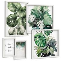 BILDER SET 5er Set - 50x50 cm & 20x30 cm & 40x60 cm Weißer Rahmen - Aquarell-Monstera-Blätter - Weiß, Kunststoff (40/60cm) - TULUP