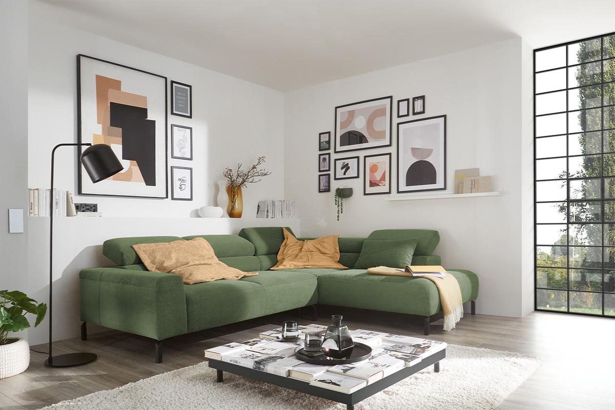 ECKSOFA DELIA Grün Cord - Schwarz/Olivgrün, Textil/Metall (276/219cm) - KAWOLA