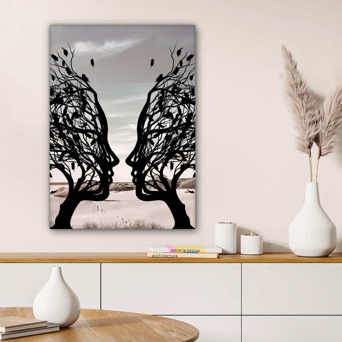 LEINWANDBILD Strand - Meer - Menschen - Baum - Moderne Kunst Wandbild Wohnzimmer 60x80 cm - Hellgrau, Textil (60/80cm) - MuchoWow