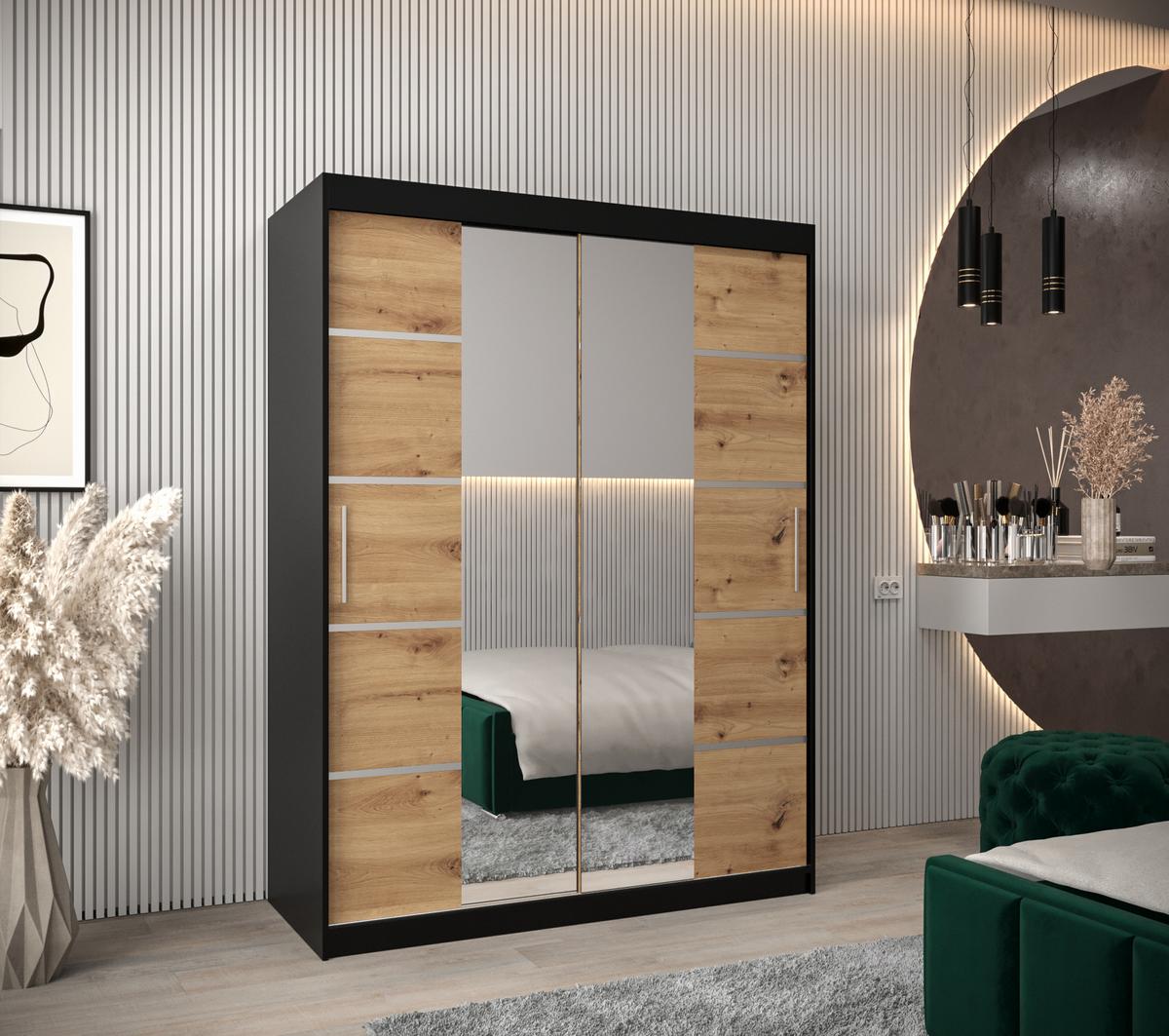 SCHWEBETÜRENSCHRANK 200/150/62 2-türig - Silberfarben/Schwarz, Holz/Kunststoff (150/200/62cm) - MÖBEL KRYSPOL