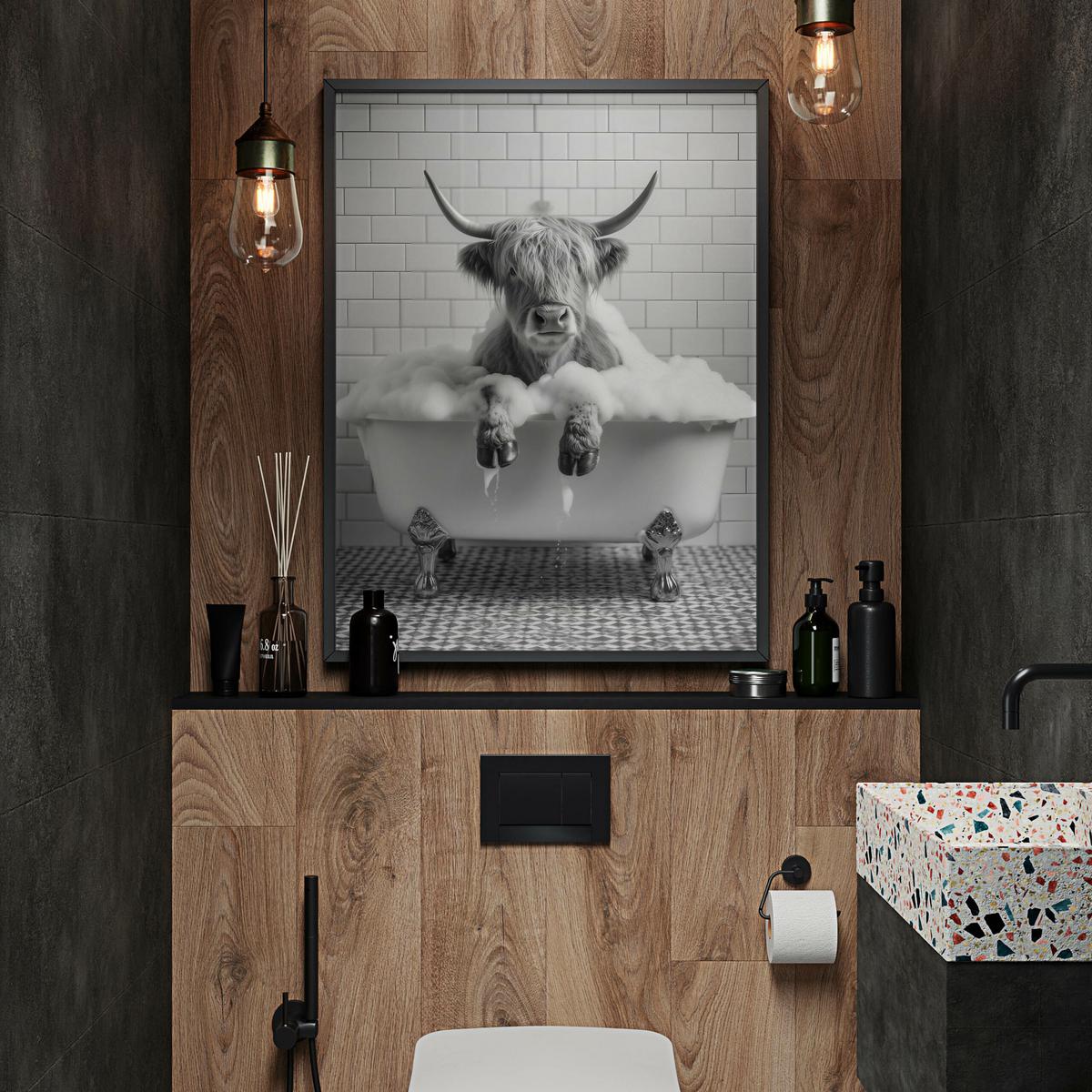 POSTER für WC Badezimmer SCHOTTISCHE KUH in Badewanne Schwarz-Weiß Abstraktion 20x30cm - Schwarz/Weiß, Papier (20/30/30cm) - Muralo