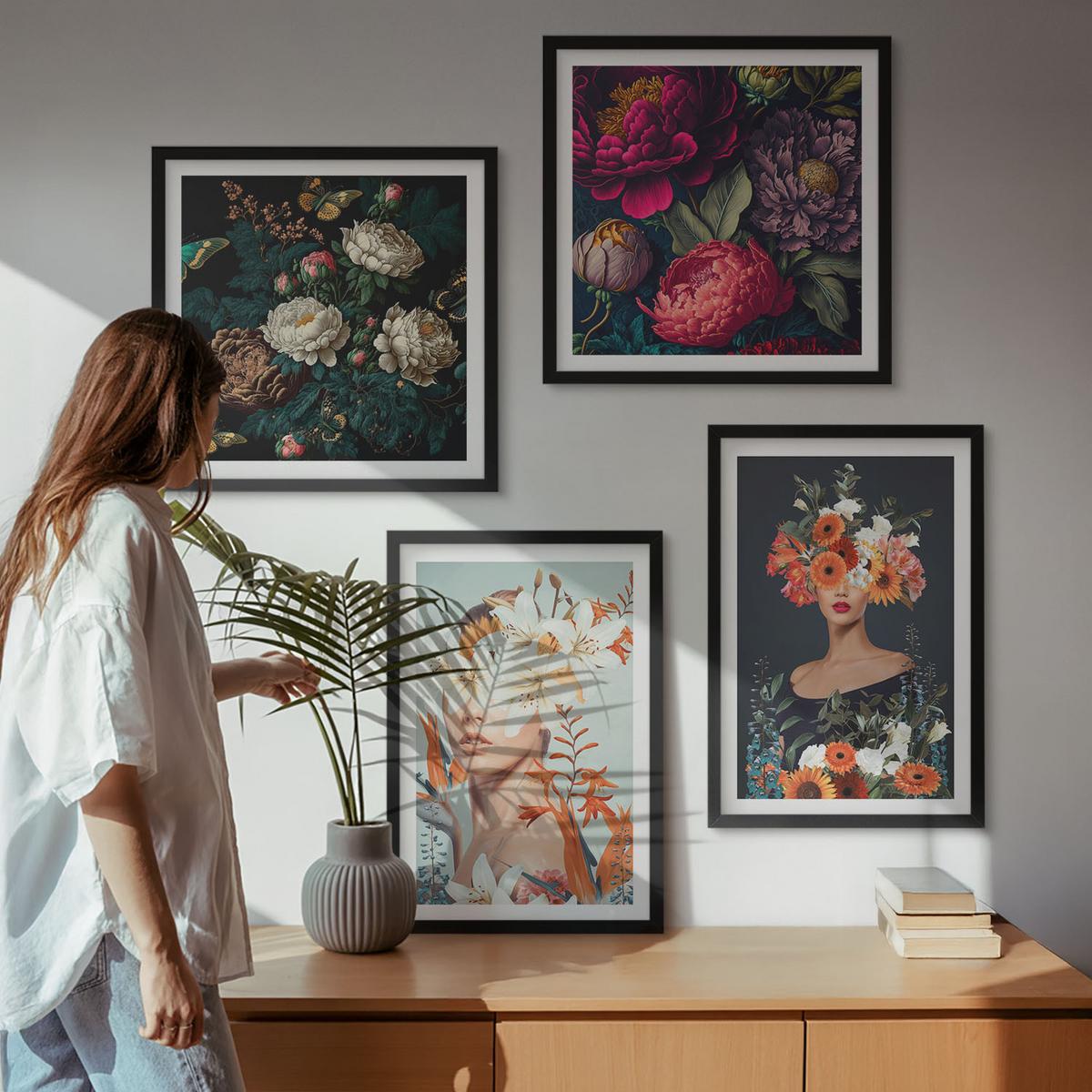 BILDER SET 4er Set - 50x50 cm & 40x60 cm Schwarzer Rahmen - Blumenporträts, Sträuße, Blätter - Schwarz, Kunststoff (50/50cm) - TULUP