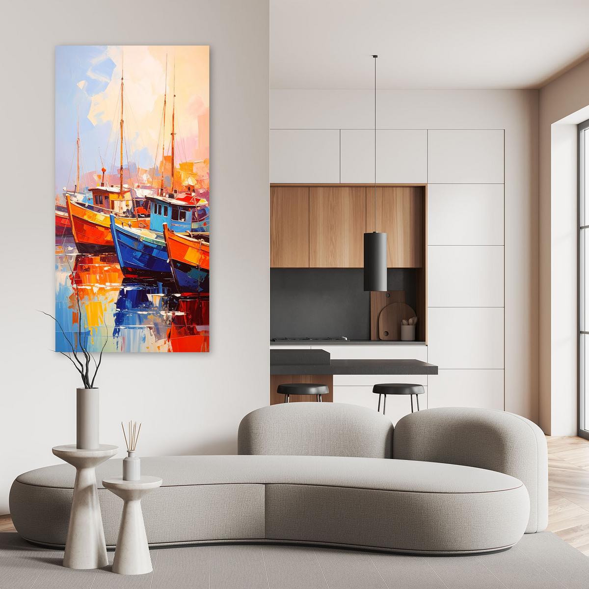 LEINWANDBILD Bunte Boote im Hafen 60x120cm - Multicolor, Textil (60/120cm) - Feeby