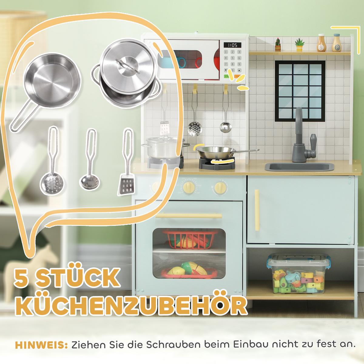 KINDERKÜCHE Spielküche mit Mikrowelle, Herd und Backofen, Küchenzubehör - Blau, Holzwerkstoff (72/33/85.2cm) - AIYAPLAY