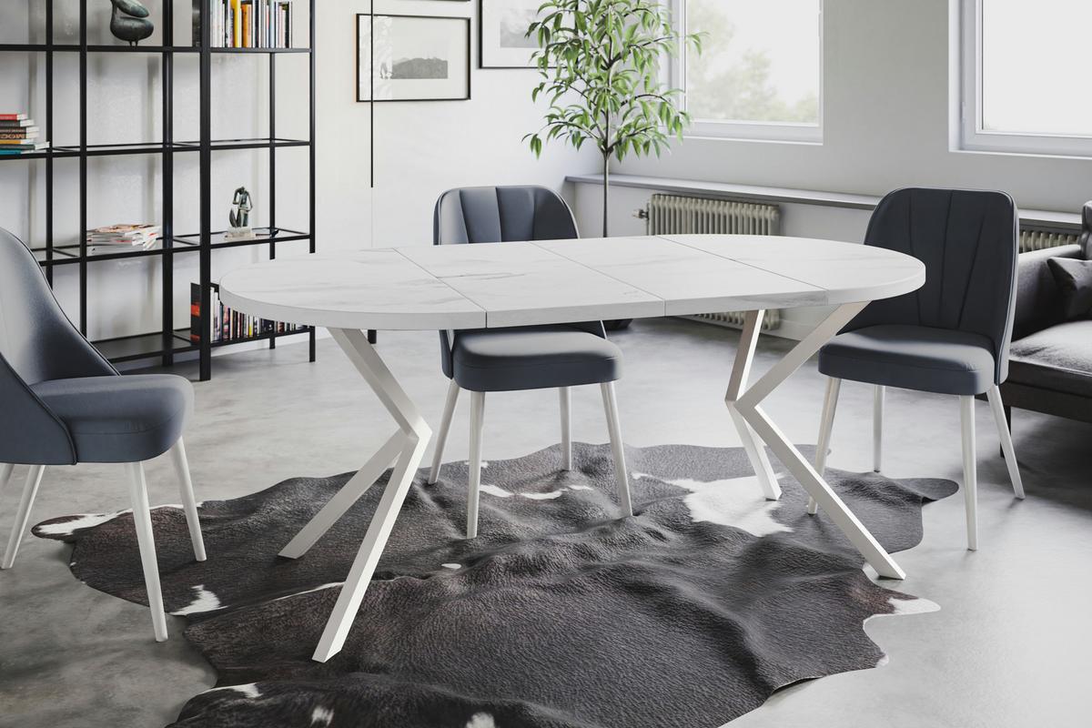RUNDER Esszimmertisch LOFT LITEN, ausziehbarer Tisch Durchmesser: 120 cm/200 cm, Wohnzimmertisch Farbe: Marmur, mit Metallbeinen in Farbe Weiß - Hellgrau/Weiß, Holzwerkstoff (120/120/76cm) - Alpi-Möbel