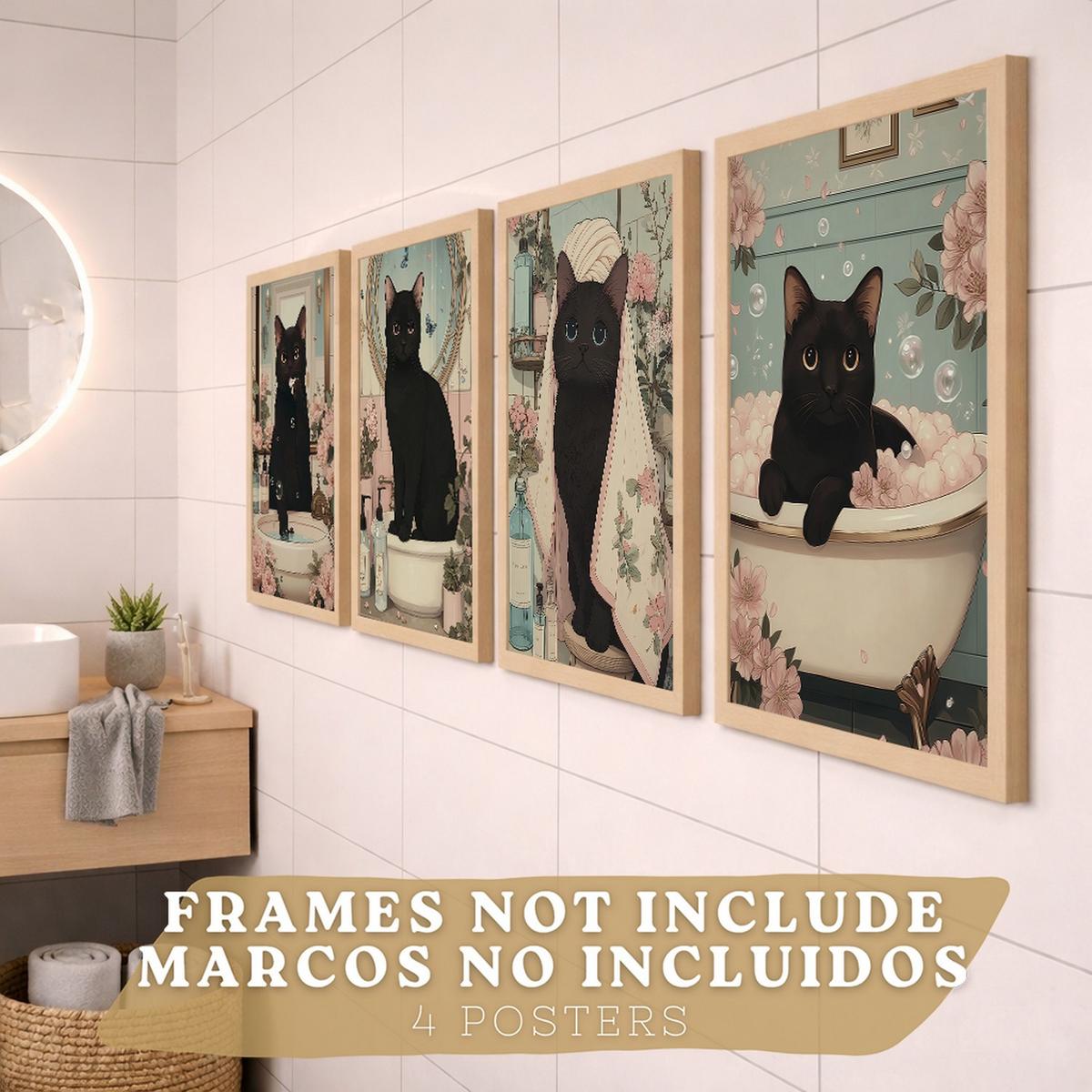 POSTER 4er-Set dekorative Kunstdrucke, schwarze Katze im Badezimmer, niedliches Blumenposter für Toilette, Schlafzimmer, sanfter Rahmenlos A3 - Klar, Papier (42/29.7/3cm) - Nacnic