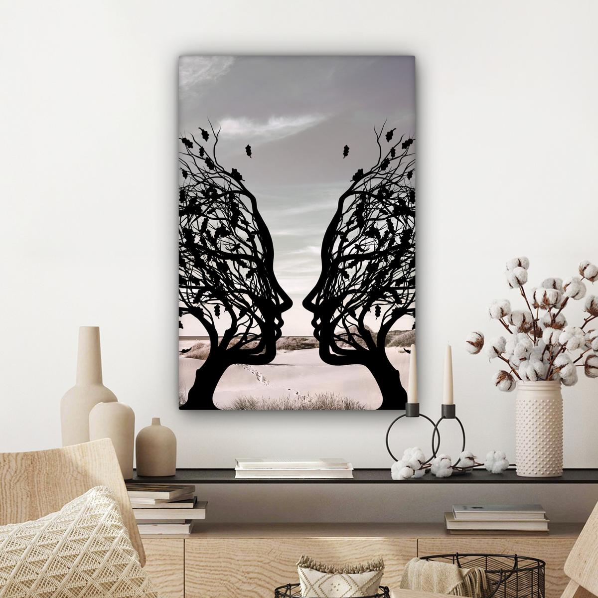 LEINWANDBILD Strand - Meer - Menschen - Baum - Moderne Kunst Wanddeko 40x60 cm - Hellgrau, Textil (40/60cm) - MuchoWow