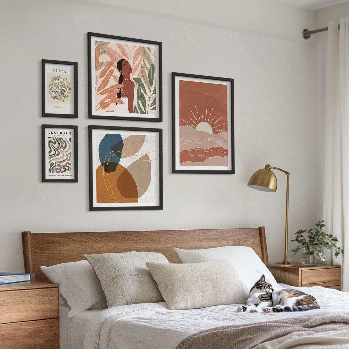BILDER SET 5er Set - 50x50 cm & 20x30 cm & 40x60 cm Schwarzer Rahmen - Boho-Ästhetik, Pastellposter - Schwarz, Kunststoff (40/60cm) - TULUP