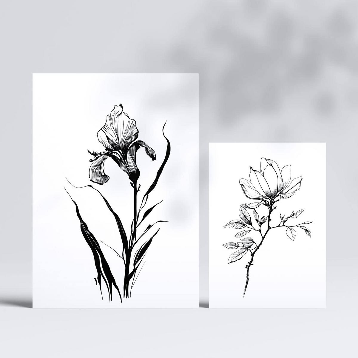 POSTER Set Mit 6 Zarte Blumen Blumenmotiven In Klassischem Schwarz Und Weiß A3 & A4 Rahmenlos - Klar, Papier (29/3cm) - Nacnic