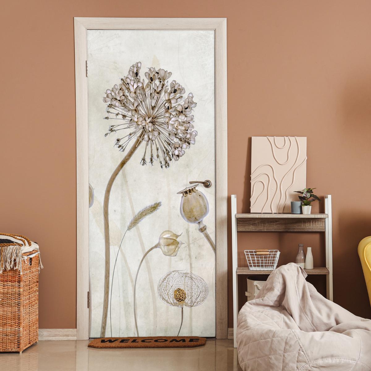 TÜRAUFKLEBER Blumen - Aquarell - Stilleben - Braun - Vintage 90x215 cm - Türtapete - Ecru, Kunststoff (90/0.1cm) - MuchoWow