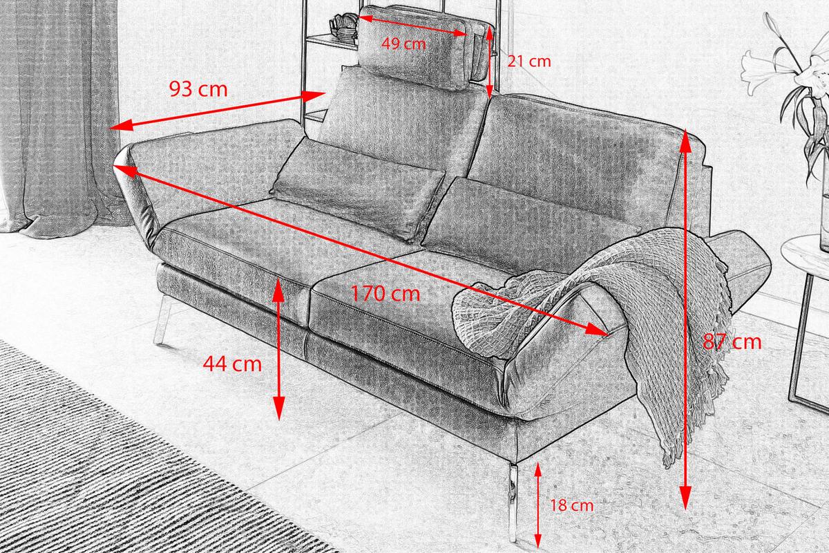 LEDERSOFA HURRICANE Grau Leder - Dunkelgrau/Silberfarben, Leder (170/87/141cm) - KAWOLA