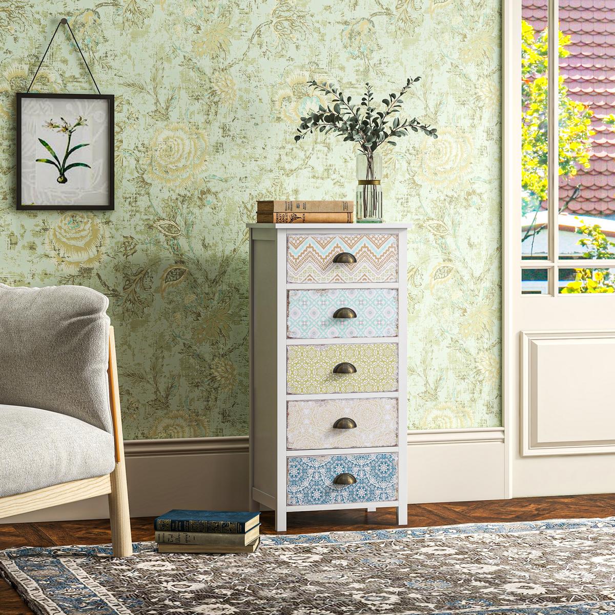 KOMMODE mit 5 Schubladen Schubladenkommode Schrank Shabby Chic Bunt - Multicolor, Metall (34/97.5/46cm) - HOMCOM