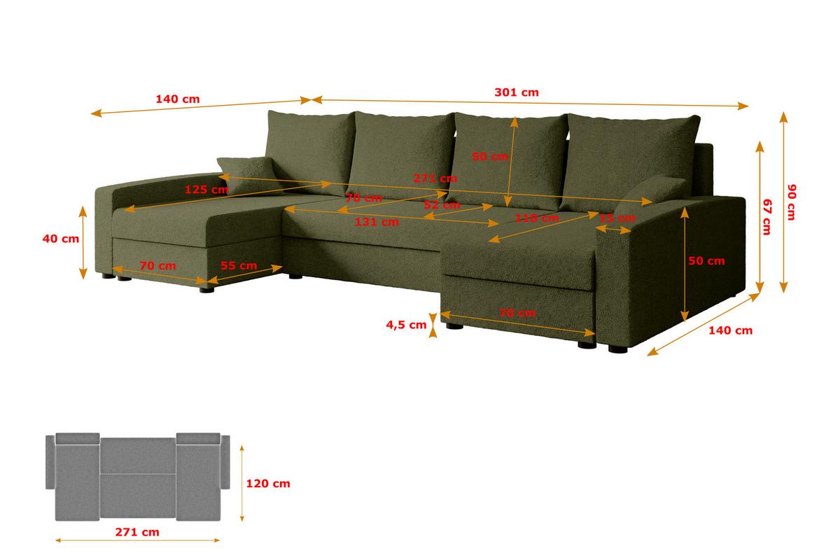 WOHNLANDSCHAFT mit Schlaffunktion und Bettkasten ALESIA-U 301x140x90 cm Grün Bouclé - Silberfarben/Grün, Holzwerkstoff/Kunststoff (301/90/140cm) - ALTDECOR