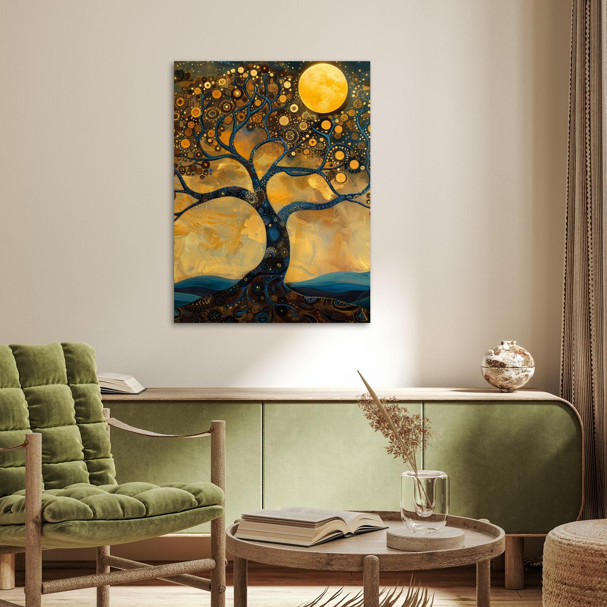 POSTER Baum - Mond - Blumen - Gold - Kunst Deko Wohnzimmer 60x80 cm - Orange, Papier (60/80/0.1cm) - MuchoWow