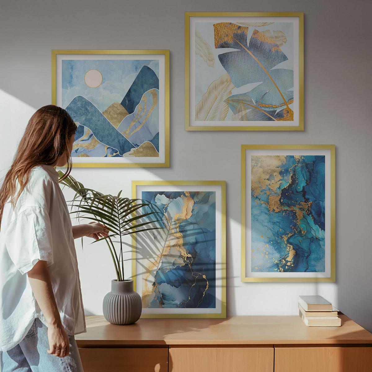 BILDER SET 4er Set - 50x50 cm & 40x60 cm Goldrahmen - Goldmuster in den blauen Bergen - Goldfarben, Kunststoff (50/50cm) - TULUP