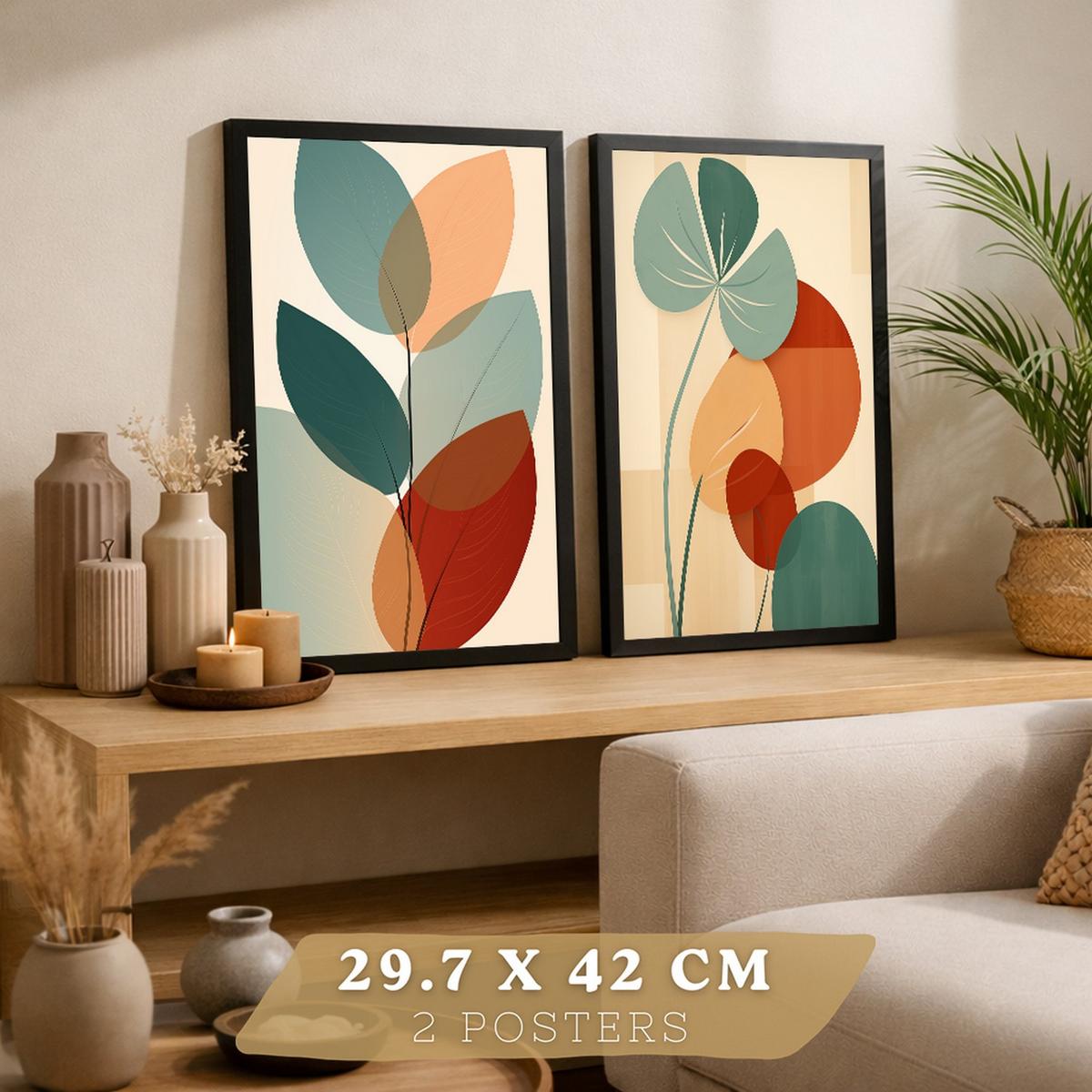 POSTER 2er-Set Wandbilder Blätter Pflanzen modern Wohnzimmer Deko, Schlafzimmer, Küche, Badezimmer Schwarzer Rahmen A4 - Schwarz, Papier (29.7/1/21cm) - Nacnic