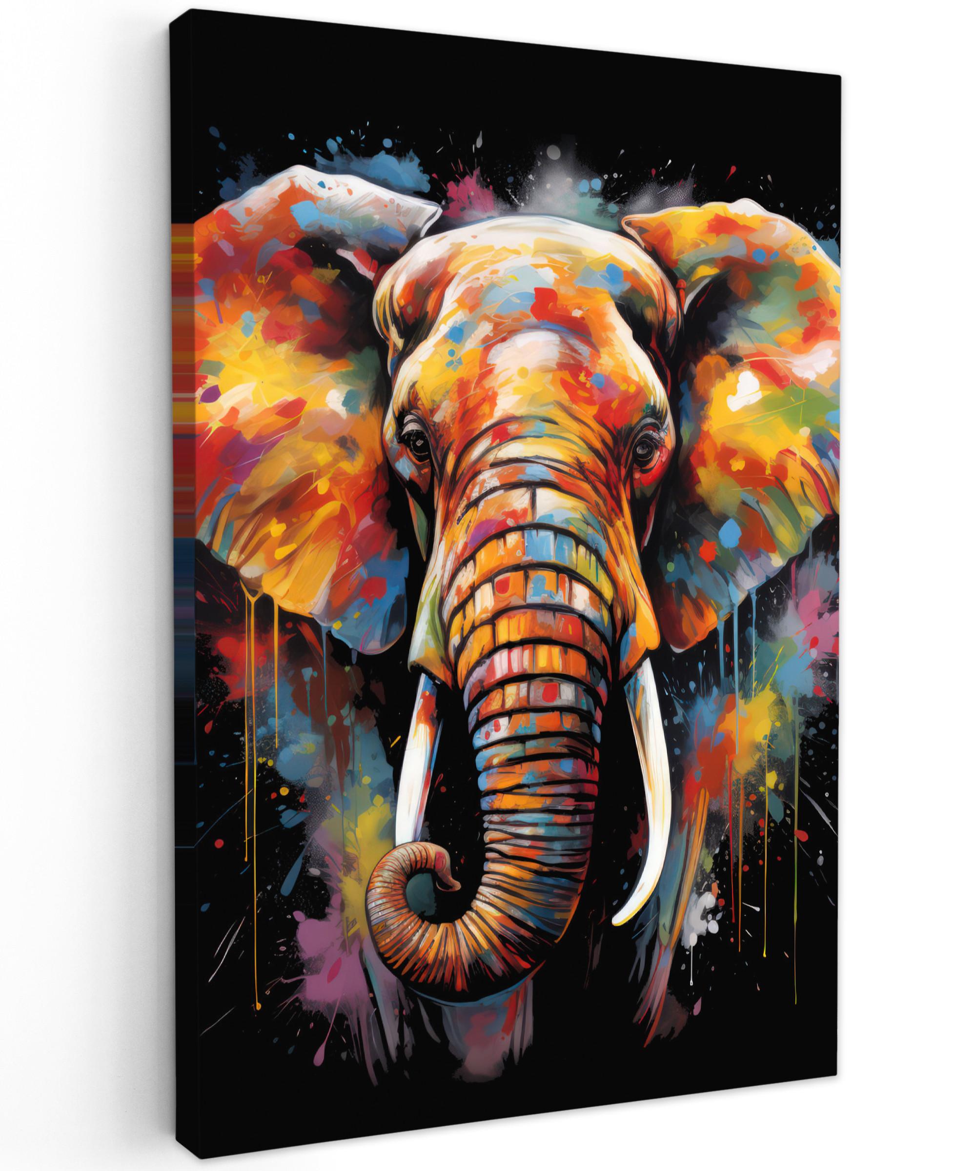 LEINWANDBILD Elefant - Graffiti - Schwarz - Tiere - Farben Deko Groß 90x140 cm - Schwarz, Textil (90/140cm) - MuchoWow