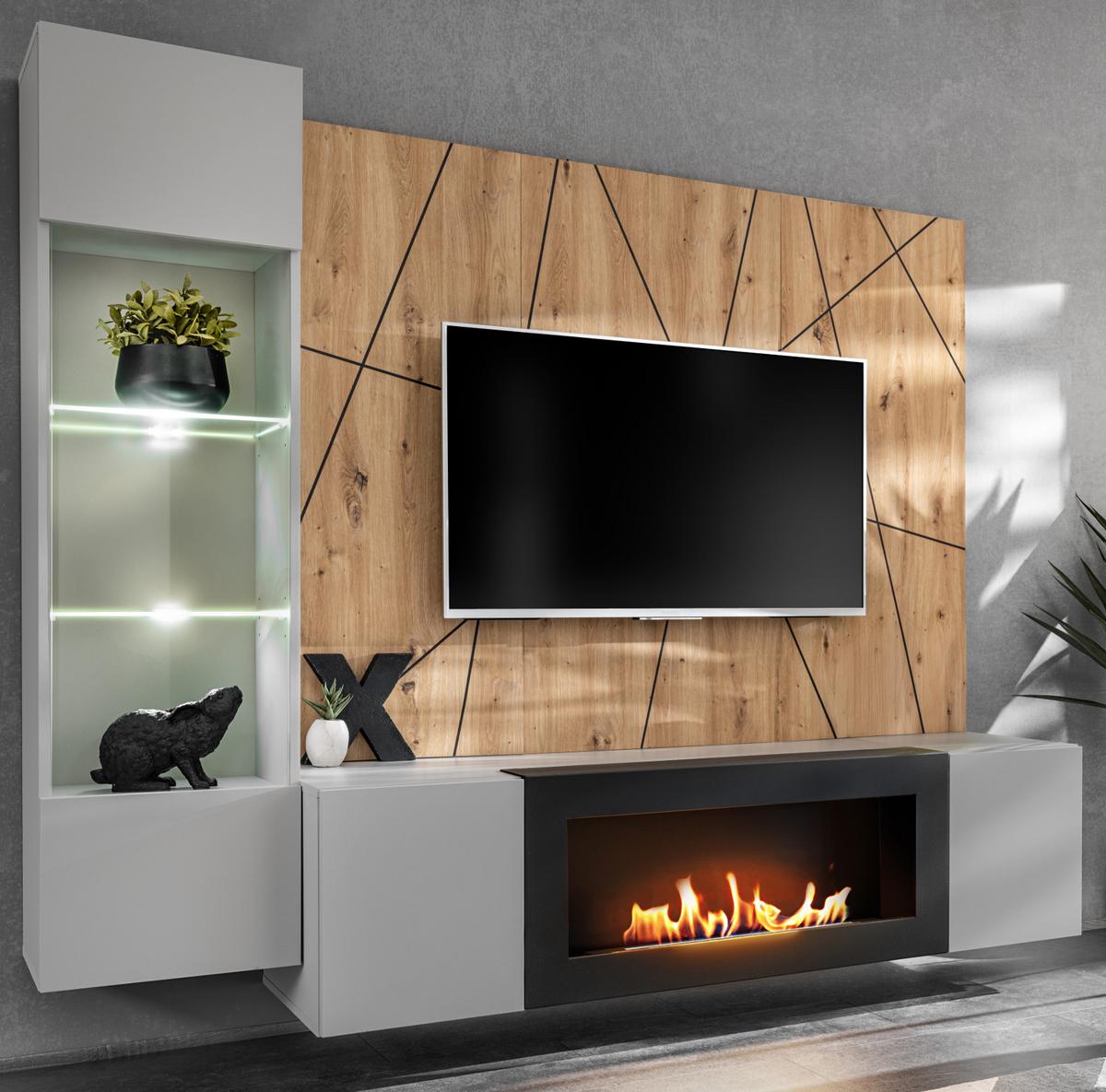 WOHNWAND hellgrau, schwarz, Eiche Artisan, Schrankwand 200 cm inklusive Ethanol Kamin - Hellgrau/Schwarz, Glas/Holzwerkstoff (200/148/35cm) - Inn.Furn