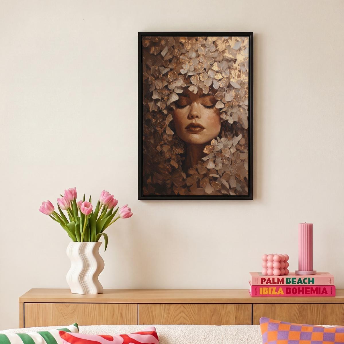 LEINWAND Bilder mit Rahmen - Gesicht - Dame - Blätter - Pinselstriche - 20x30 - Goldfarben, Textil (20/30cm) - MuchoWow