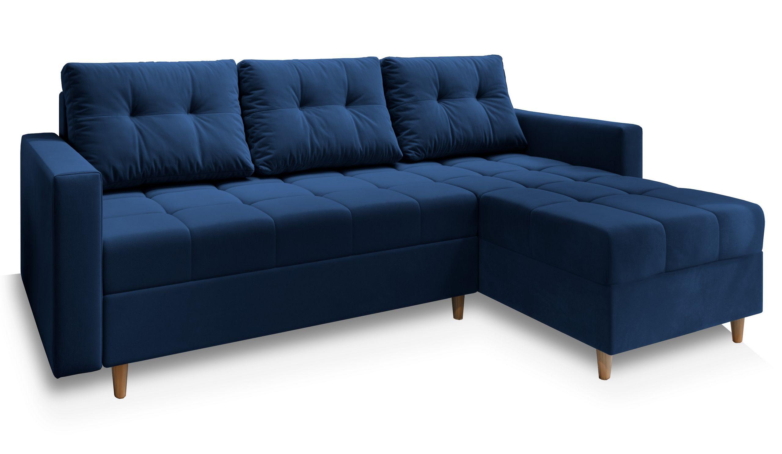 ECKSOFA MILO L Blau Plüsch-Stoff mit Schlaffunktion - Blau/Braun, Holz/Textil (220/140cm) - MASSENO